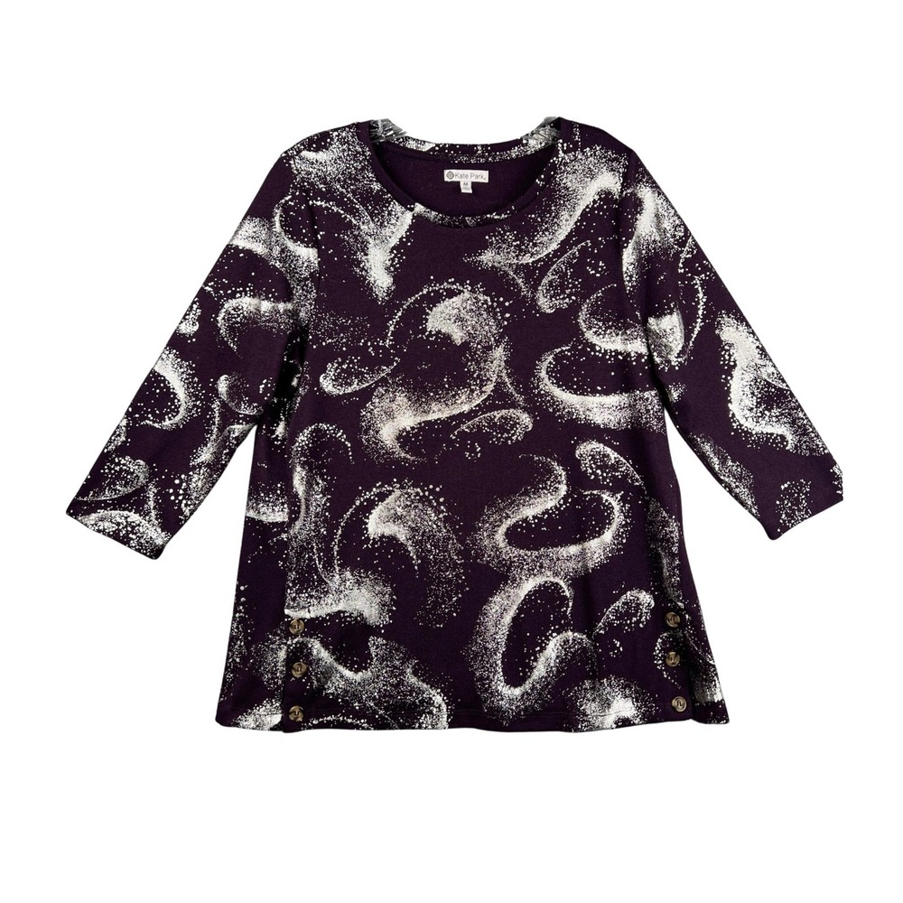 Kate Park Women's Medium Tunic Top Purple Silver Metallic 3/4 Sleeve Abstract